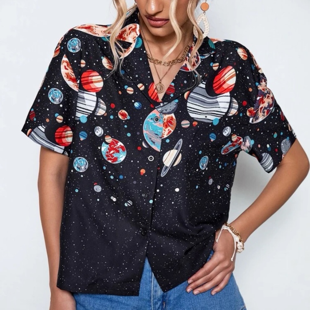 Space Patterned Button Down - Black Short Sleeve - image 6